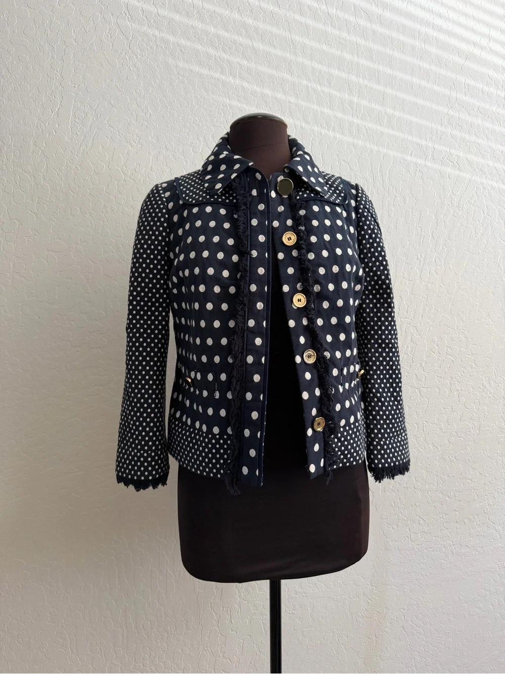 Tory Burch Leonora Polka Dot Fringe Navy Blue Jacket